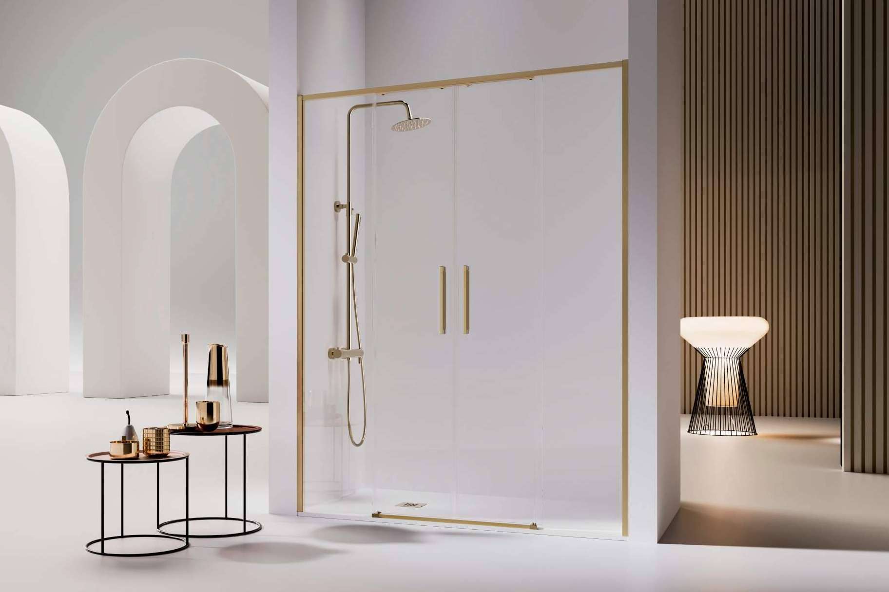 Mamparas de baño con perfil negro y oro cepillado, disponibles en Mamparas Blau