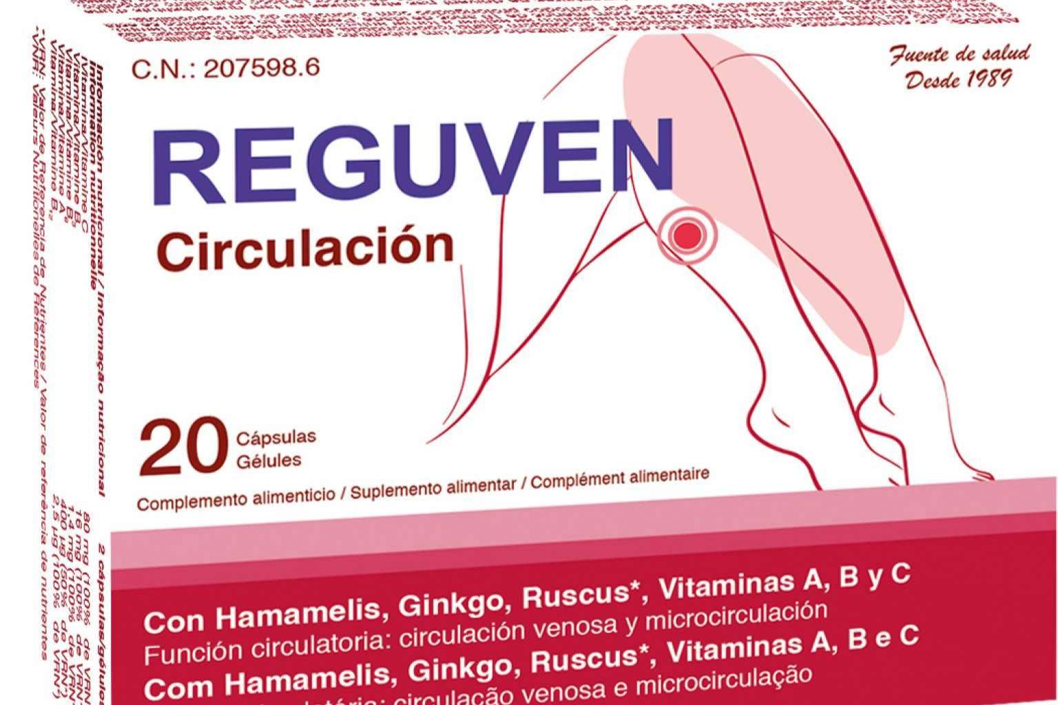 Reguven 20 cápsulas disponible en Amazon para el cuidado de las piernas